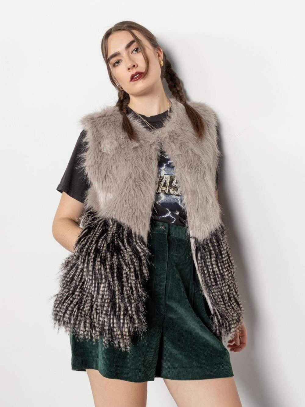 FAUX FUR VEST Boxy Grey Feathers Vintage / Medium Large